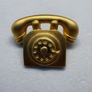 Gold Tone Phone Brooch Vintage Rotary Telephone Retro
